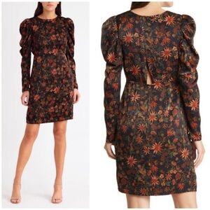 New Chelsea 28 Long Sleeve Floral Satin Mini Dress Puff Sleeve Sz M